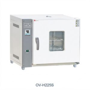 Laboratory technician inspecting samples inside the Horizontal Drying Oven OV-H225S during a high-temperature test cycle.