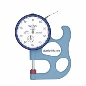 TECLOCK SM-112 Dial Thickness Gauge measuring plastic sheet thickness.