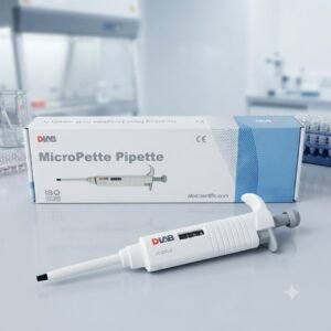 Micro Pipette DLAB placed on a clean laboratory workbench.