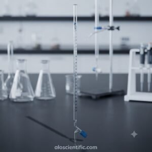 Burette Rota Flow Pyrex 25ml placed upright on a laboratory stand for accurate chemical titration.