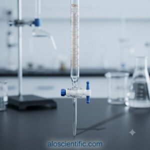 Burette Straight (P.T.F.E) Pyrex 50ml mounted on a laboratory stand for accurate chemical titration.
