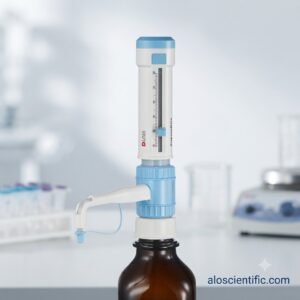 Dispenser 10 ml DLAB mounted securely on a reagent bottle in a lab.