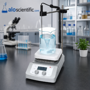 Digital Magnetic Hotplate Stirrer DLAB stationed on a laboratory bench with clear digital display