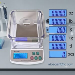 SF 400C Digital Scale measuring precision items on a sleek tray.