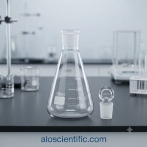 Conical flask with glass stopper pyrex placed upright on a laboratory bench with its cap inserted securely.